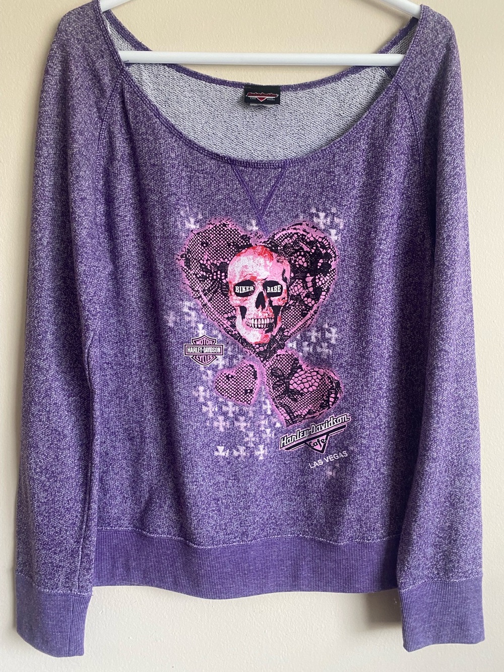 Harley Davidson Purple Biker Babe Skull Graphic Pullover Sweatshirt XL